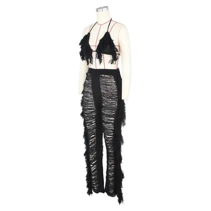 Ensemble haut court et pantalon à franges pour femme