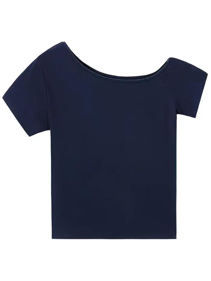 Bleu marine épaules dénudées à manches courtes t-shirt femmes coupe ajustée corps haut d'été femme Sexy t-shirts de base coréen Chic