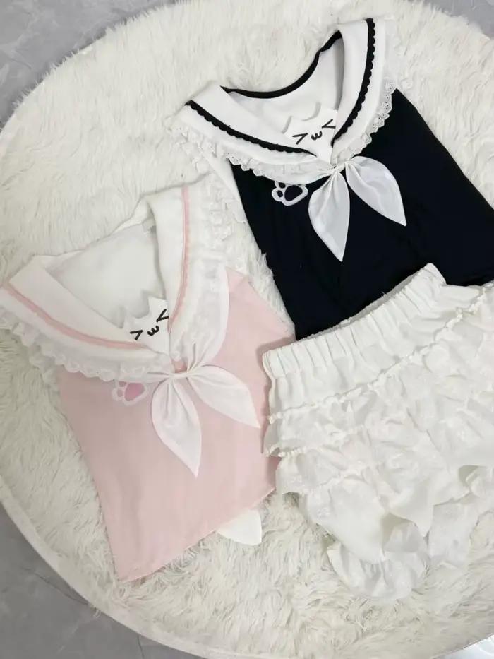 Japonais Kawaii Chat Dessin Animé Mignon Hauts Y2k Esthétique Dentelle Patchwork Mince Récolte T-shirts Grunge