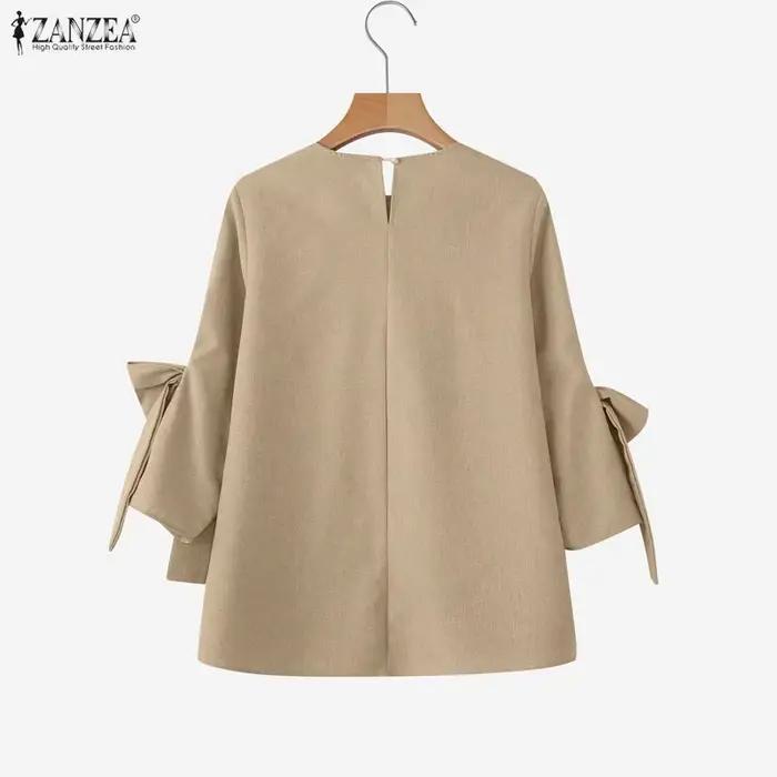 ZANZEA mode nœud 3/4 manches Blouse femmes élégant bureau dame chemises été printemps col rond décontracté ample solide hauts de fête Blusas