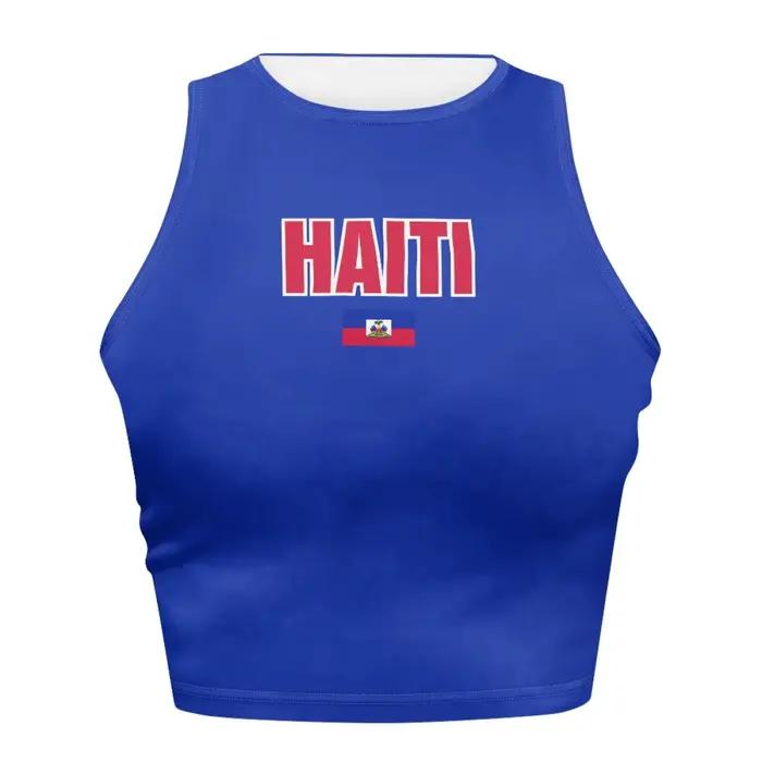 Débardeur court AST avec logo du drapeau d'Haïti pour adolescentes, t-shirt sportif et de loisirs en polyester pour femmes avec ajustement taille plus petit que d'habitude