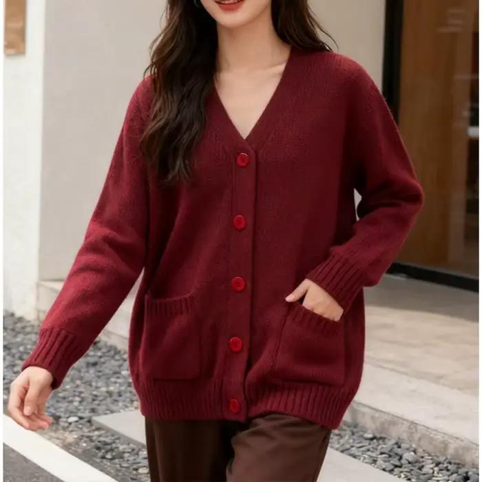 Pull automne et hiver élégant bordeaux col en v à manches longues poche simple boutonnage laine tricoté