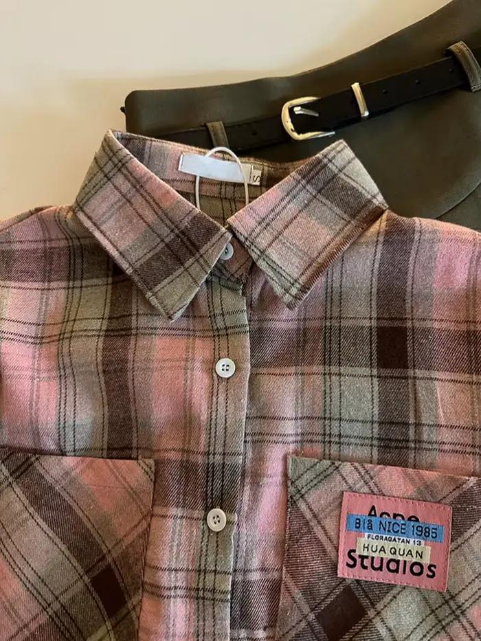 Chemise Femmes Mode Rose Plaid Décontractée Streetwear Rétro Automne Nouvelle à Manches Longues Occasions Spéciales