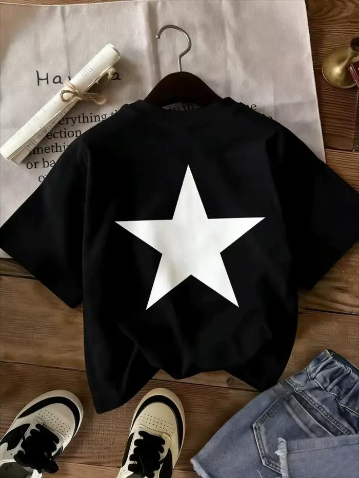 T-shirt Étoiles Noires pour Femme, Imprimé Étoiles, Haut Décontracté Col Rond et Manches Courtes, Usage Quotidien Printemps Été
