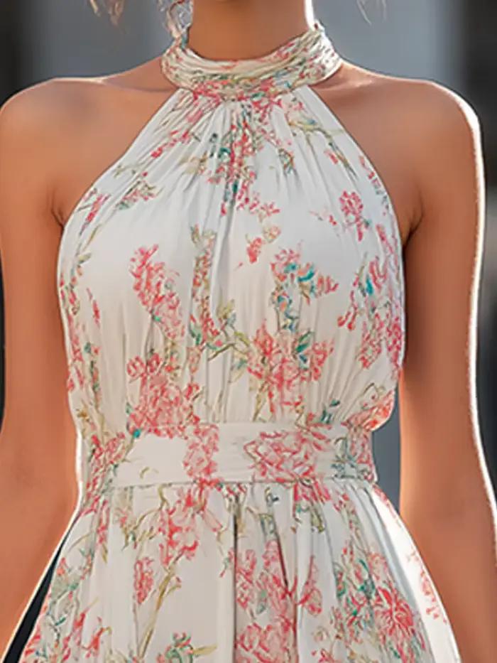 Robe longue maxi imprimé floral col halter pour femme style plage été cérémonie mariage soirée festive
