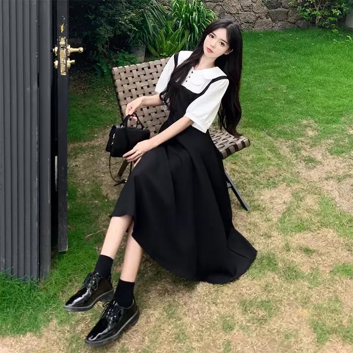 Robe longue trapèze à col Claudine de style français