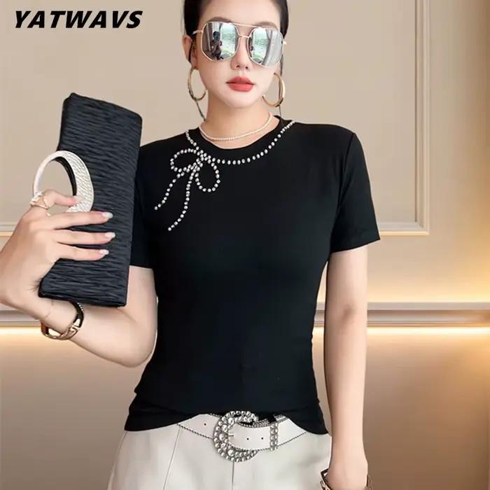 Nouveau T-shirt d'été chic en coton fait main avec perles pour femme