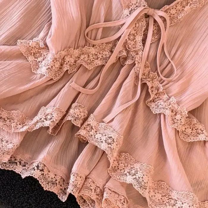 Chemisier Femme Été Broderie Française Dentelle Nœud Devant Coupe Ample Doux Élégant Luxueux Minimaliste Décontracté Niche Polyvalent