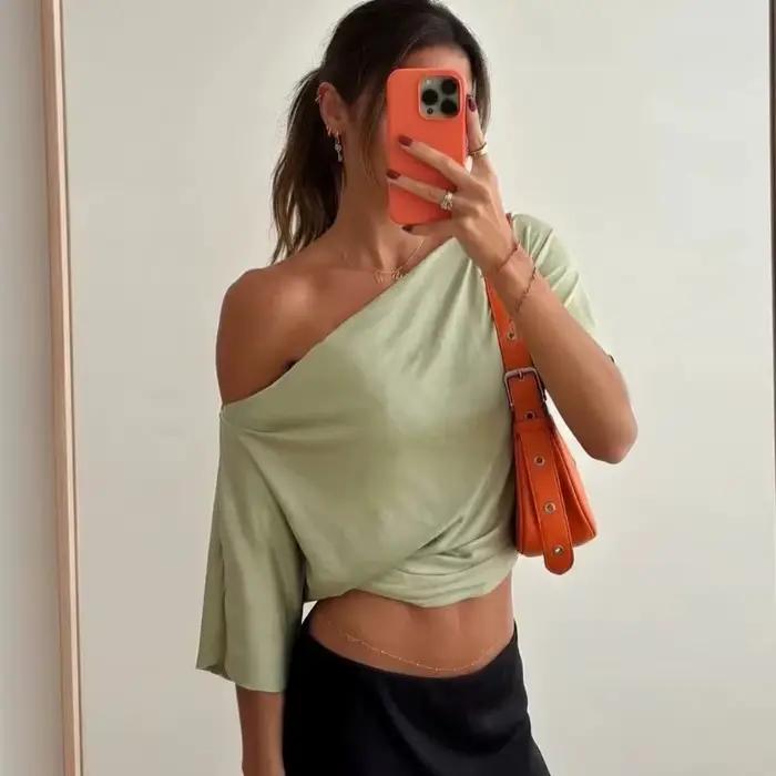 Talenza été une épaule hauts mode mince rétractable à manches courtes T-Shirts Sexy fête Y2k Streetwear solide