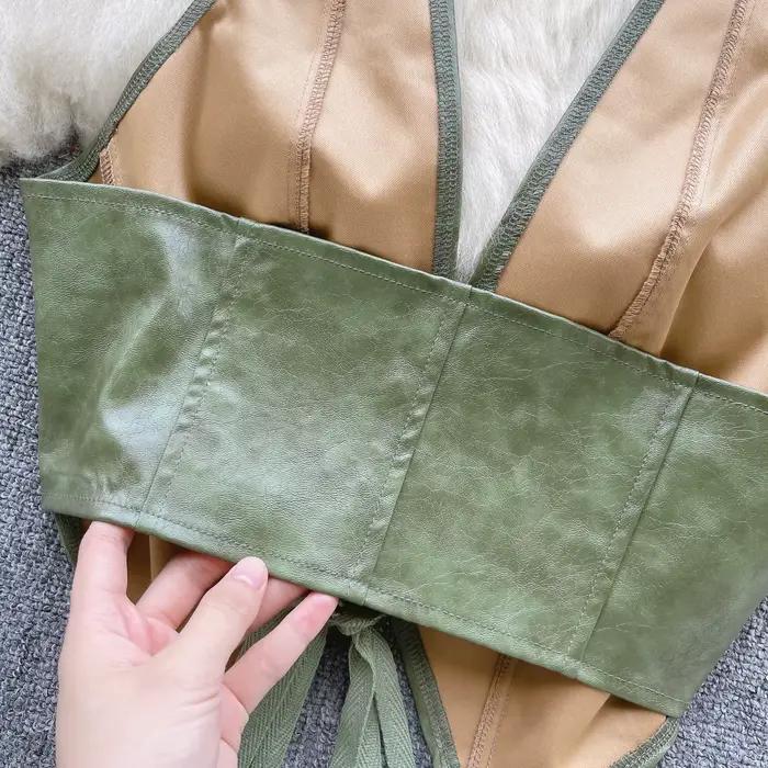 Haut en Cuir PU Épaules Dénudées à Lacets pour Femme