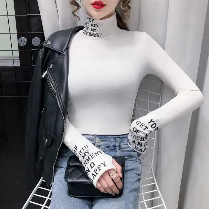 T-shirt à manches longues et col roulé en coton pour femme
