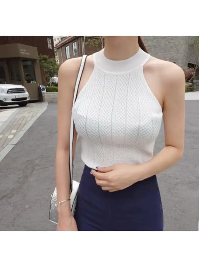 ITOOLIN femmes haut à licou été plage débardeur épaules nues col rond femme mince tricot culture hauts
