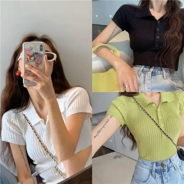 Nouveau T-shirt Polo Femme en Maille Côtelée – Hauts Sexy d'Été Basiques Ajustés Décontractés à Manches Courtes – Gilet