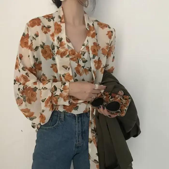 Chemisiers rétro à manches longues pour femmes design floral doux mode coréenne chic printemps automne