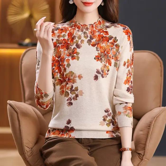 Chandail floral pour femmes, vêtement tricoté en polyester, décontracté et élégant pour automne-hiver 2025