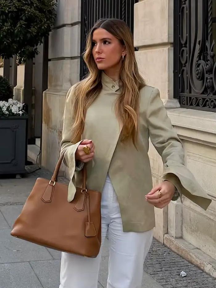 HH Nouvelle Veste Blazer Femme Tendance à Col Montant et Manches Longues