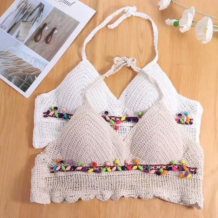 Été sans manches femme Crochet Camisole col en V court Style bohème gilet gland hauts chauds tricot culture