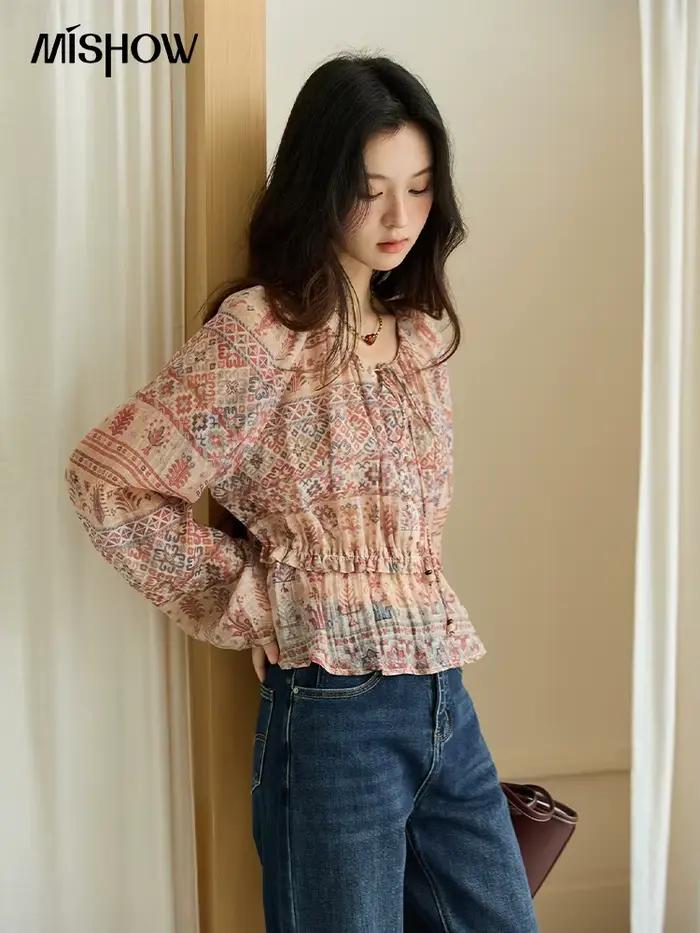 MISHOW Blouse femmes 2025 Style National imprimé taille col rond haut à manches longues trajet confortable automne