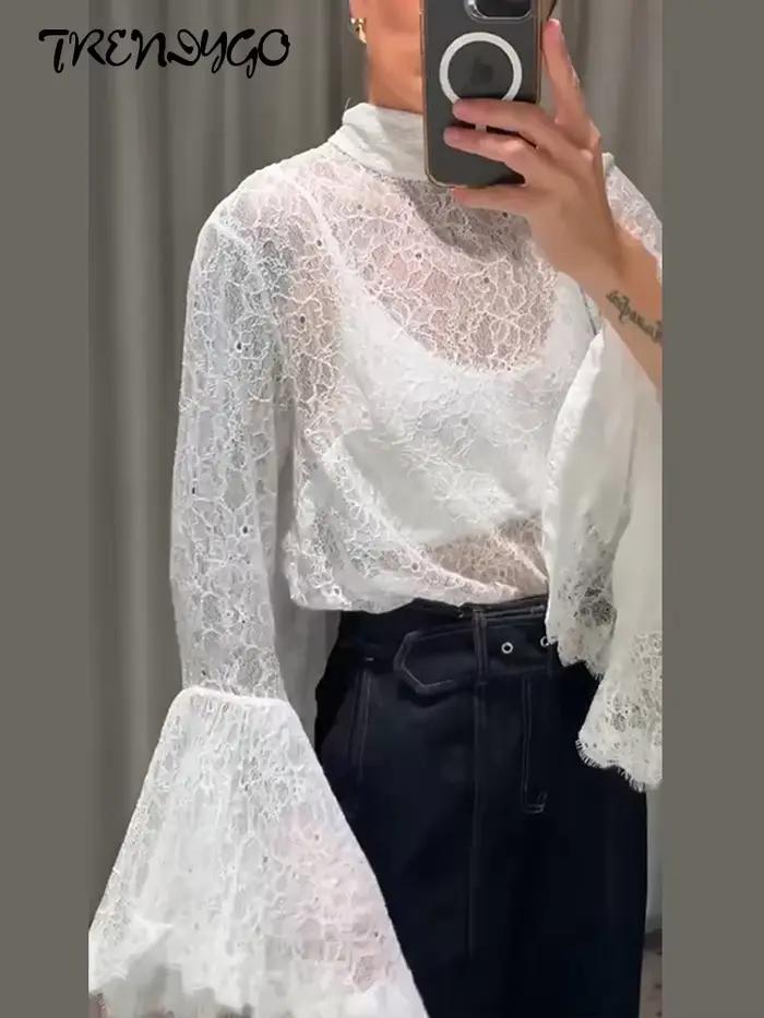 Chemises transparentes en dentelle à manches évasées pour femmes, sexy, ajouré, hauts solides, charmants vêtements de fête pour dames occasions spéciales