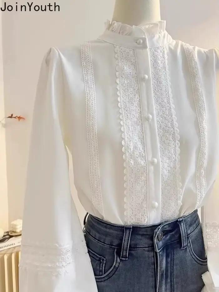 Chemisier à manches longues en polyester-coton pour femmes, col montant, volants, décontracté et élégant pour soirées officielles et autres occasions spéciales