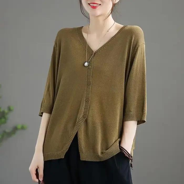 Pull tricoté femme décontracté solide col en V pour printemps été occasions spéciales