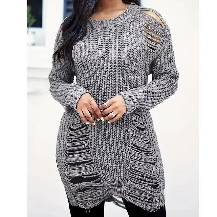 Pull tricoté vintage décontracté à manches longues pour femmes, col rond, effet éffiloché, style élégant et confortable pour les occasions spéciales
