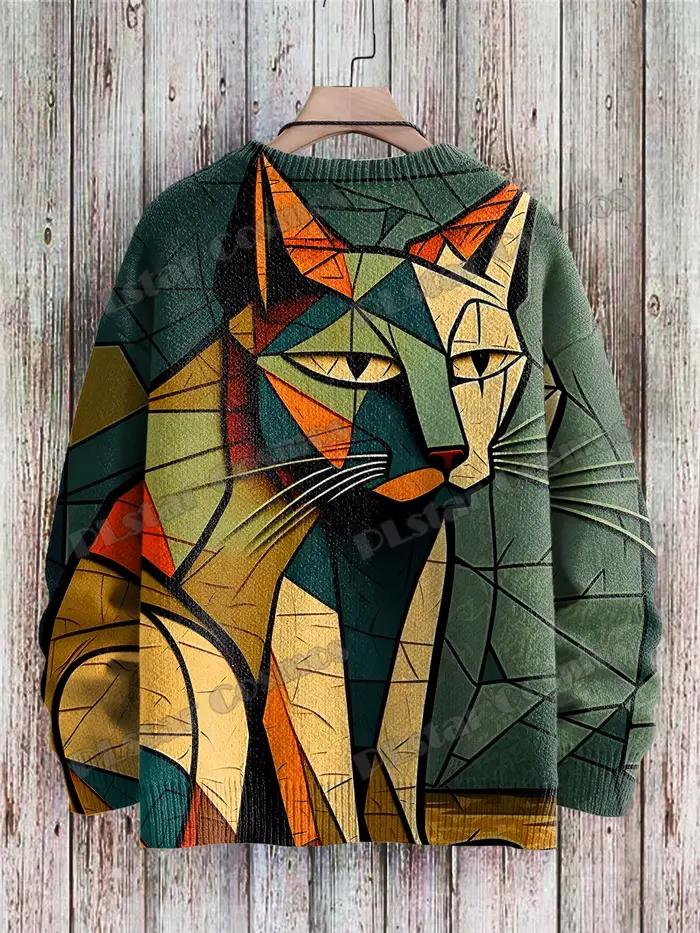 Pull en tricot unisexe avec motif d'art de chat abstrait géométrique mignon imprimé en 3D