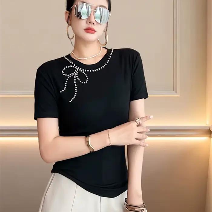 Nouveau T-shirt d'été chic en coton fait main avec perles pour femme