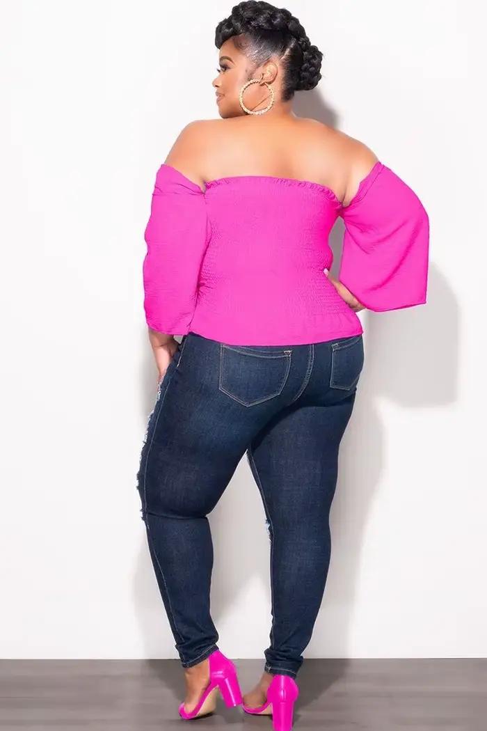 Haut à épaules dénudées pour femme, fuchsia, froncé, avec cordon de serrage, manches cloche et dos smocké, pour soirée ou tenue décontractée