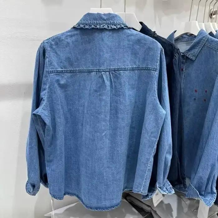 Chemisier en jean style rétro chinois pour femme, haut décontracté polyester col Claudine manches longues occassions printemps automne