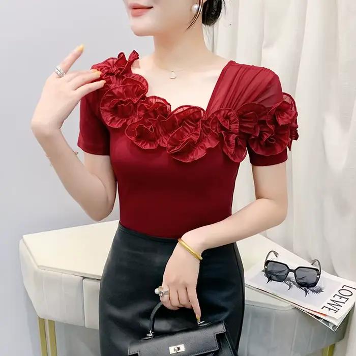 T-shirt d'été féerique en coton et élasthanne avec décolleté asymétrique et volants pour femme style fairycore occasions estivales