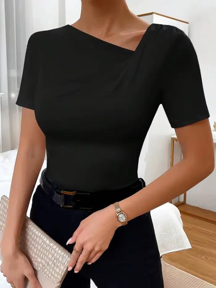 T-shirt Asymétrique Élégant en Polyester Noir pour Femmes Occasions Spéciales Bureau Soirées Nocturnes Printemps Été