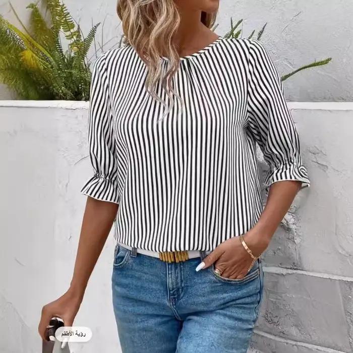Chemise en polyester à rayures pour femmes style décontracté été occasionnels sortie journée plage ville maison