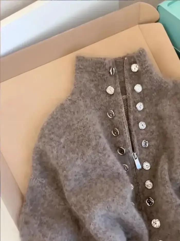 Cardigan tricoté moelleux de luxe pour femme, coupe ample, fermeture éclair totale, automne-hiver, années 2000, style décontracté élégant, pour sorties et événements formels