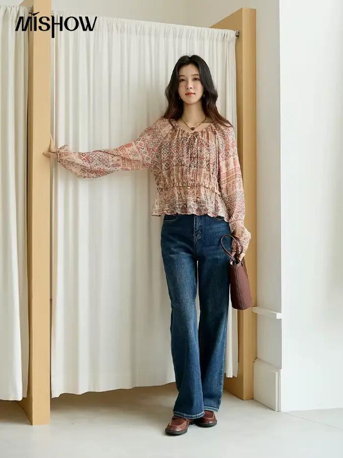 MISHOW Blouse femmes 2025 Style National imprimé taille col rond haut à manches longues trajet confortable automne