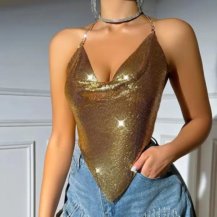 Débardeur dos nu scintillant pour femme avec chaîne métallique à sequins, tenue sexy pour été, plage, clubs et soirées