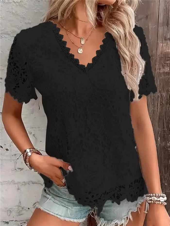 Chemise en dentelle pour femmes, col en V, manches courtes, polyester, décontractée, printemps été, occassions spéciales, bureau, détails élégants ```