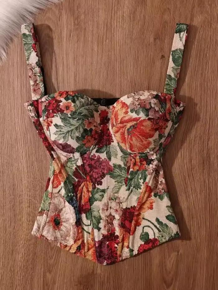Style français Vintage élégant femmes vêtements Chic Design Floral coupe ajustée Camis mode femme haute rue rétro hauts Corset 2025