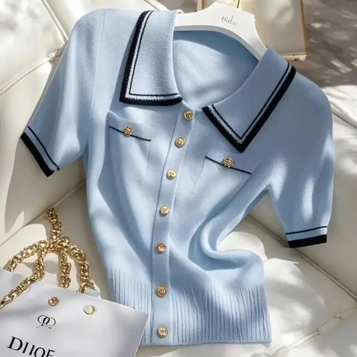 Boucle coréenne simple boutonnage revers Blouse couleur contraste bleu tricot pull T-shirts décontracté coupe ajustée élastique élégant bureau dame
