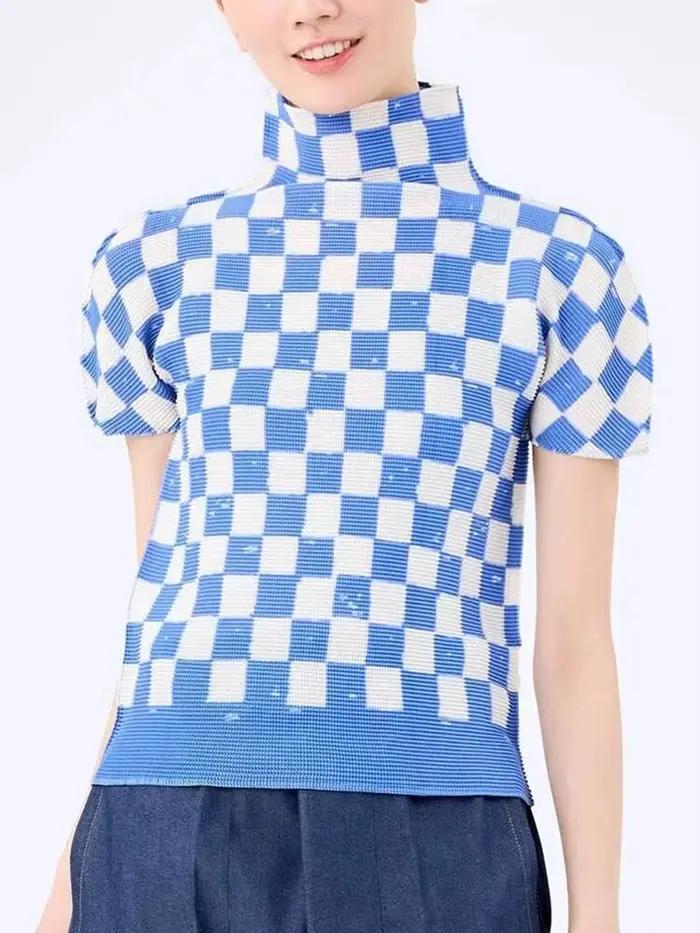 T-shirt LANMREM Plaid Imprimé Bleu Taille Unique pour Femmes Style Décontracté et Élégant Occasions Spéciales