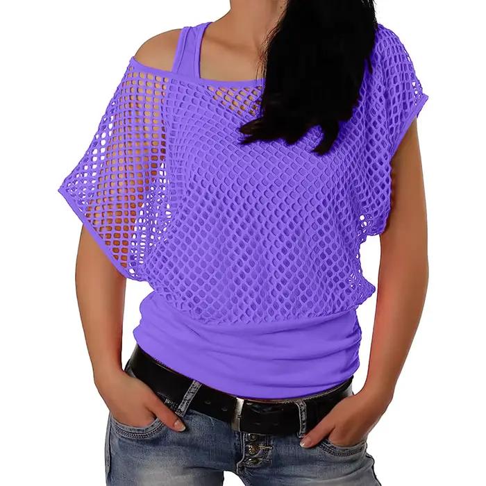 Femmes années 80 Disco néon résille t-shirts hauts à manches courtes évider maille haut court Sexy Punk Camisole couverture Rave fête Clubwear