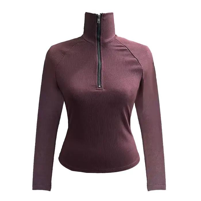 Haut tricoté élégant col semi-montant zipé pour femme printemps coupe ajustée manches longues couleur unie