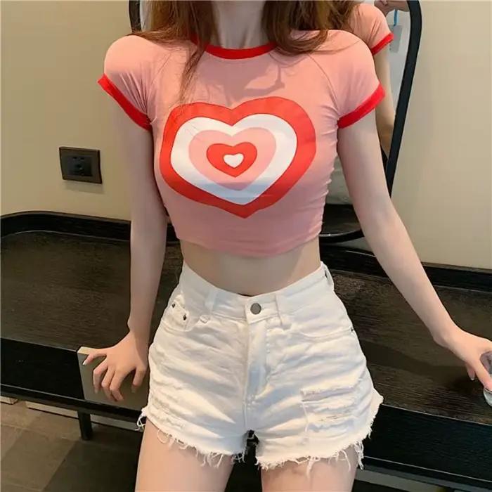 T-shirt court rose ETHSOUL à la mode avec motifs dessins animés pour femmes junior été sexy