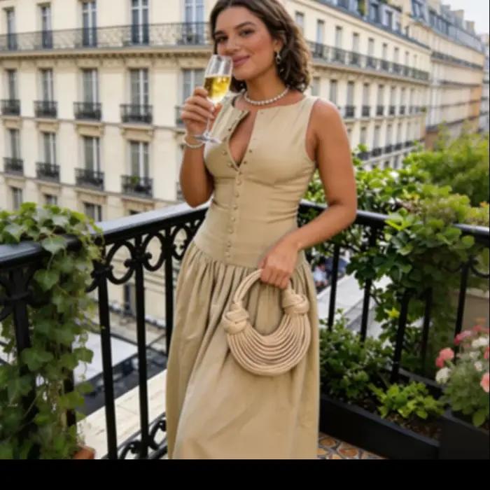 Nouvelle Robe Midi Chic Kaki Sans Manches Boutonnée Devant pour Femme
