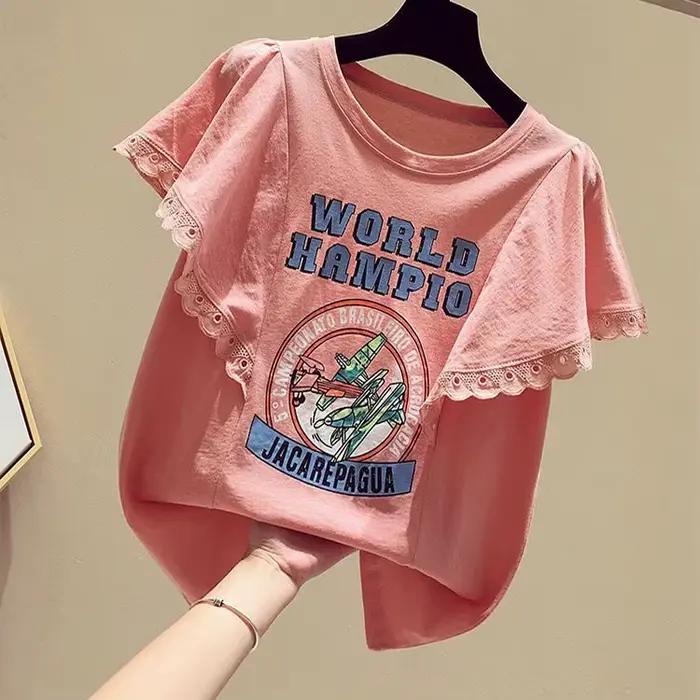 T-shirt ample et décontracté pour femme avec motif dessin animé et volants pour l'été