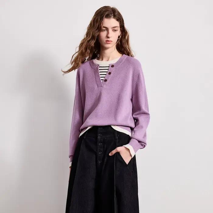 TOYOUTH femmes fil plissé tricots 2026 printemps nouveau Patchwork deux pièces Illusion couleur-bloc hauts intellectuels