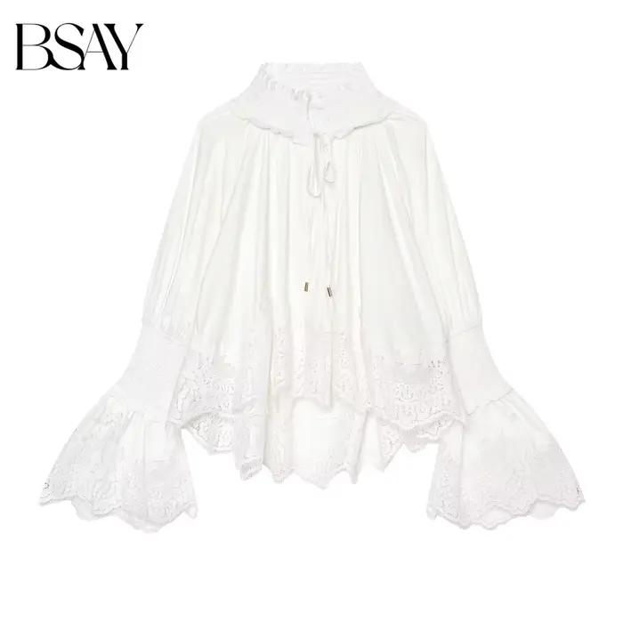 BSAY Blouse Femme Tendance Blanche Broderie Dentelle Volants Col Montant Cordon de Serrage Manches Cloche Évasées Décontractée Ample pour les Vacances
