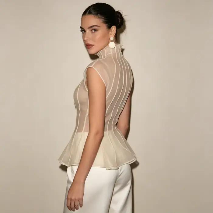 LIMO 2026 Nouvelle Blouse Femme en Organza Transparent Sans Manches Col Montant Volants Peplum Haut Élégant pour Soirée