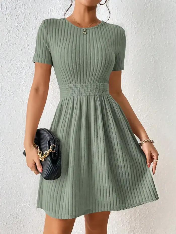Robe trapèze côtelée unie décontractée et élégante pour femme – Nouvelle collection confortable