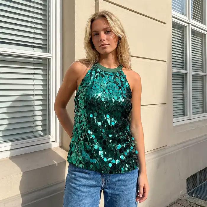 Débardeur d'été à sequins pour femmes, coupe ajustée, style Y2K, pour clubbing, soirées et mariages